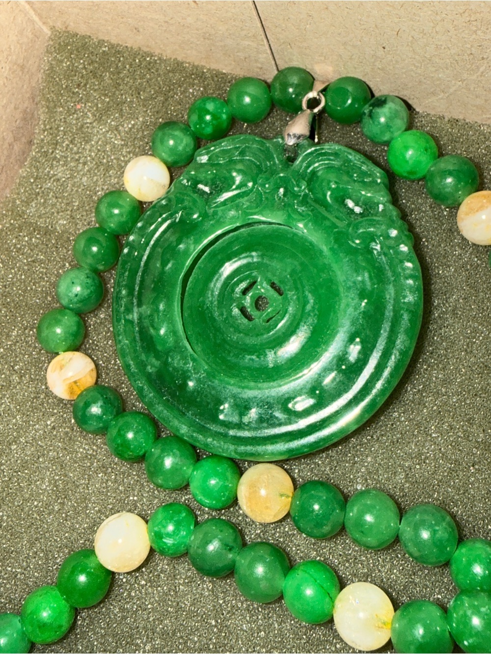 VTG Apple Green Jadeite Double Dragon Spinner Pendant Necklace Sterling 925